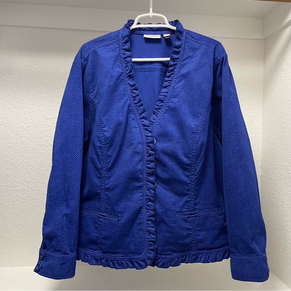 Chico’s Blue Ruffle Reptile Snake Skin Textured Button Up Jacket Sz 4 / XXL - Picture 2 of 9